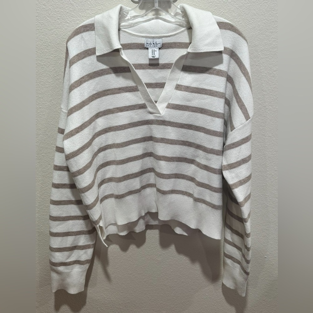 Nicole Miller Cream and taupe Striped collared knit sweater XL
